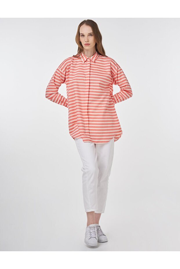 Çizgi Desen Pamuklu Basic Tunik Nar Çiçeği - 2