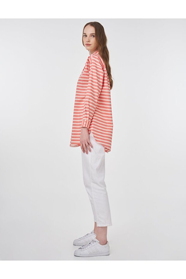 Çizgi Desen Pamuklu Basic Tunik Nar Çiçeği - 4