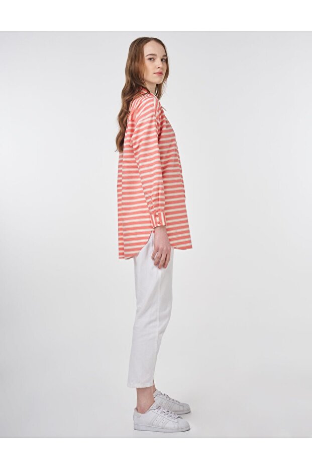 Çizgi Desen Pamuklu Basic Tunik Nar Çiçeği - 6