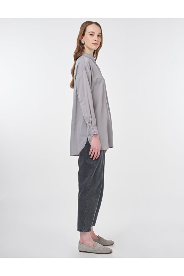 Basic Gömlek Yaka Tunik Gri - 6