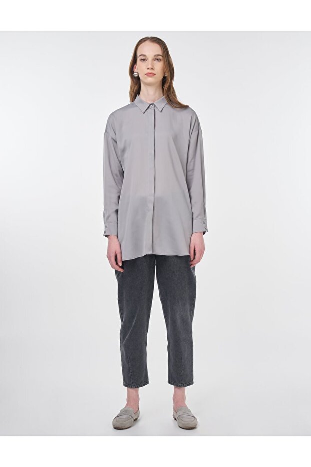 Basic Gömlek Yaka Tunik Gri - 3