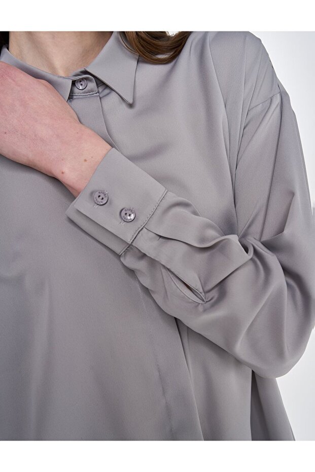 Basic Gömlek Yaka Tunik Gri - 7