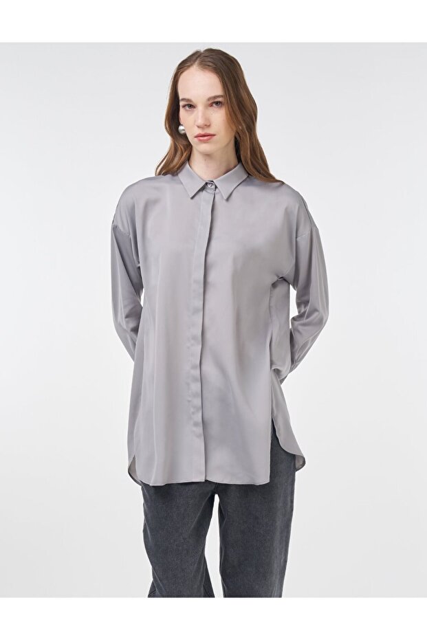 Basic Gömlek Yaka Tunik Gri - 1