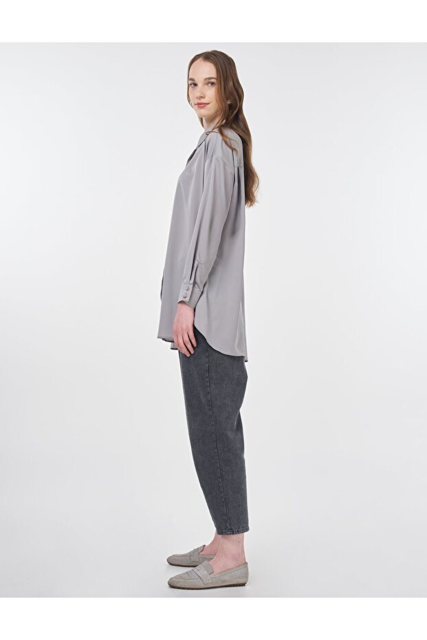 Basic Gömlek Yaka Tunik Gri - 4