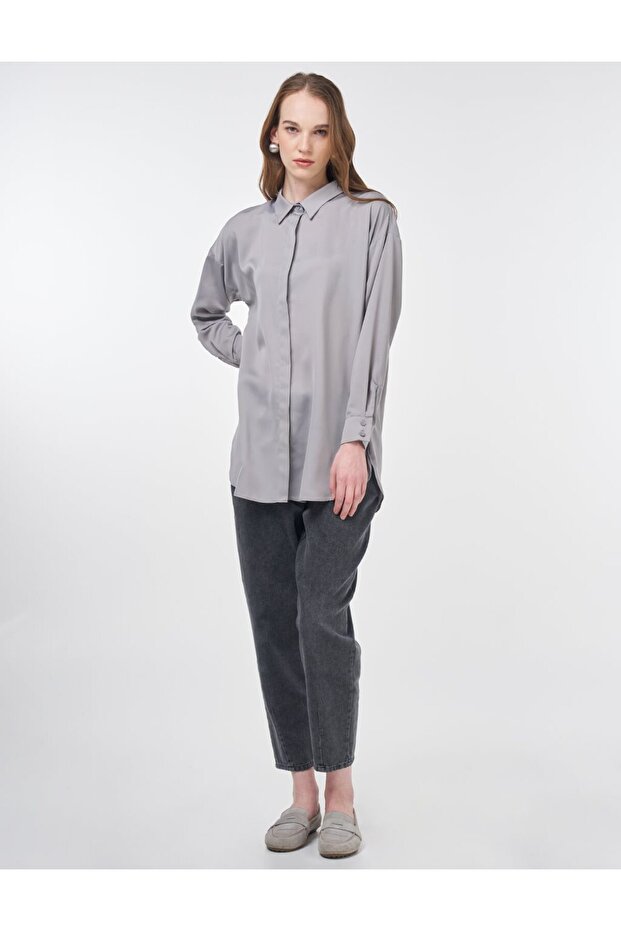 Basic Gömlek Yaka Tunik Gri - 2