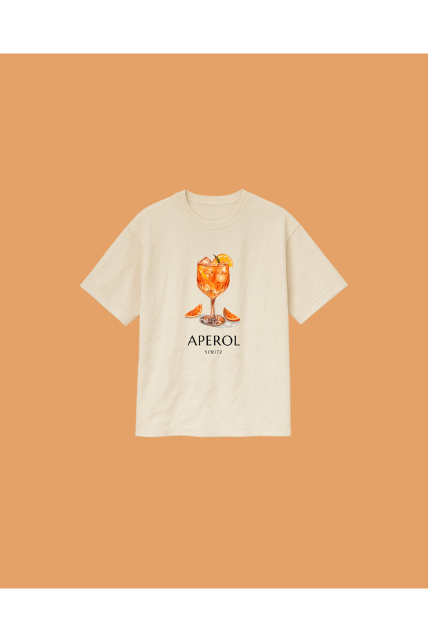 Beige Color Unisex Aperol Cocktail Printed Oversize Pattern T-shirt Tshirt