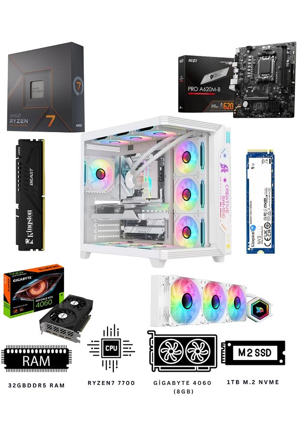White Crystal 32x Ryzen7 7700 32gb Ddr5 1tb Nvme M.2 Rtx4060 Ekran Kartlı Oyuncu Bilgisayarı - 1