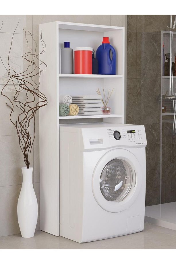 %100 MDF Çamaşır ve Kurutma Makinesi Dolabı, Beyaz Açık Raflı Çamaşır Makinesi Üstü Düzenleyicisi - 8