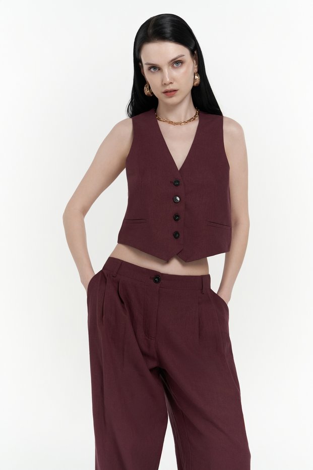 Anka Linen Claret Red Vest Trousers Set