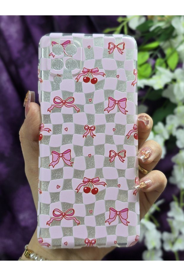 Samsung Galaxy A12 / M12 Compatible Ribbon and Cherry Pattern Transparent Phone Case