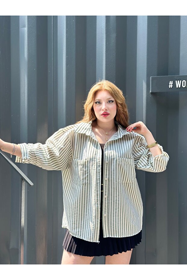 Striped Oversize Shirt Double Pocket Twill Fabric