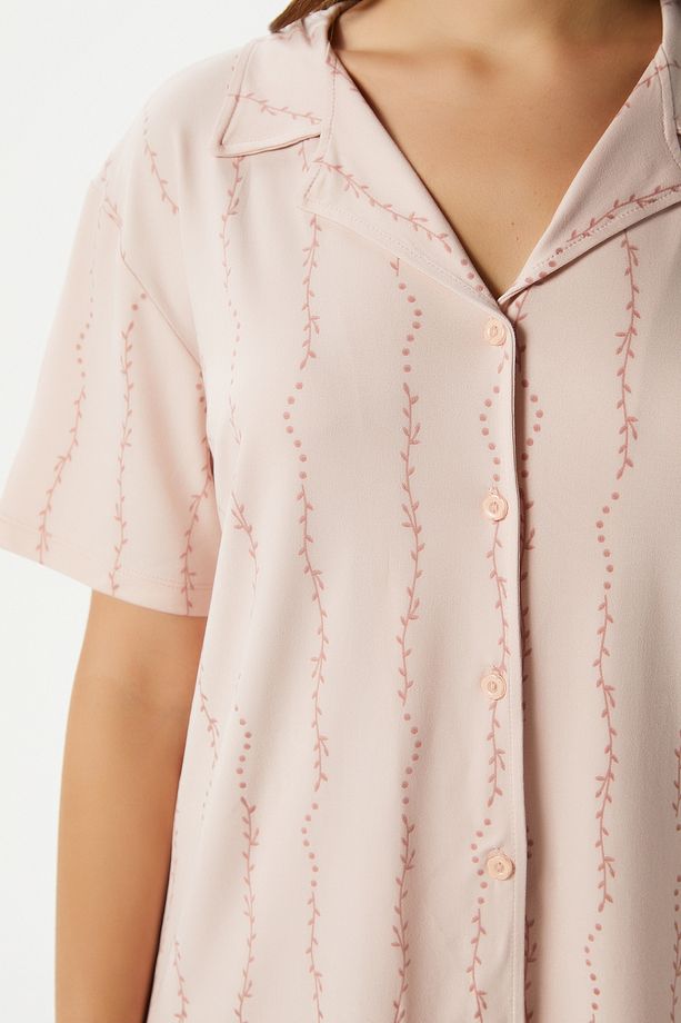 Kadın Spring Yumuşak Doku Pudra Bahar Dalı Ön Düğmeli Kısa Kollu Pijama Takımı - 6