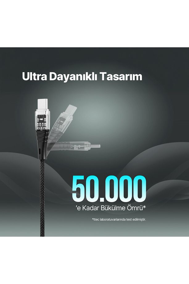 Ekstra Dayanıklı Transparan USB-C –USB-C 60W PD/QC 120cm Hızlı Şarj/Data Kablosu Siyah 2DK58S - 5