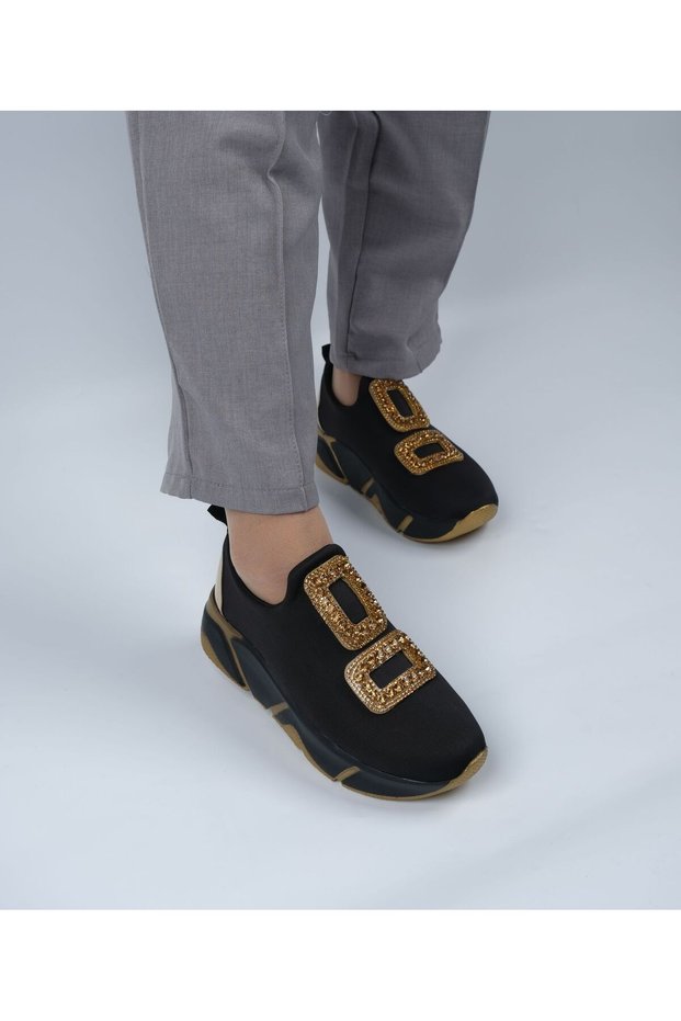 Black Stretch Gold Color Stoned Women's Sneakers