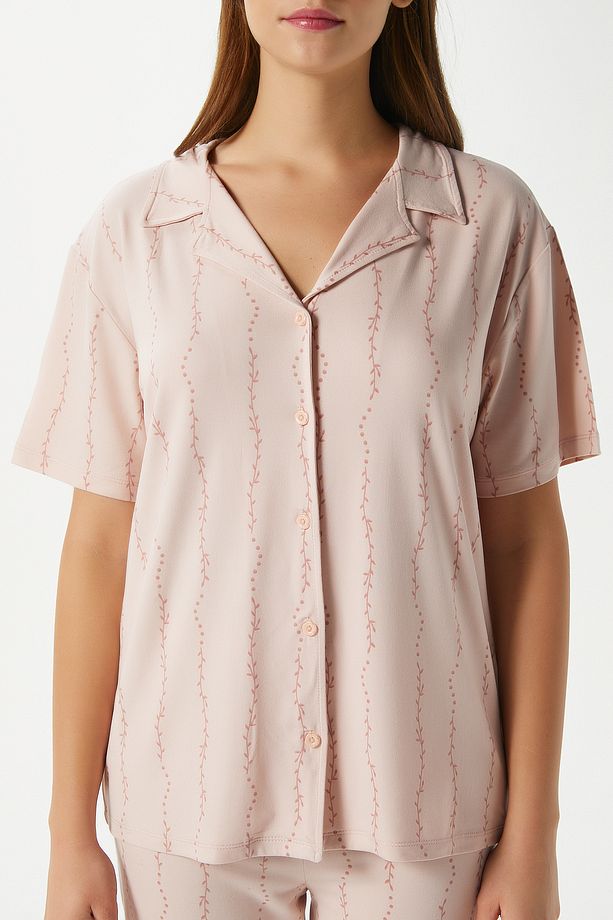 Kadın Spring Yumuşak Doku Pudra Bahar Dalı Ön Düğmeli Kısa Kollu Pijama Takımı - 2