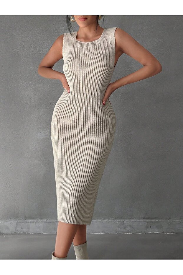 Women's Ribbed Long Knitwear Dress Ecru