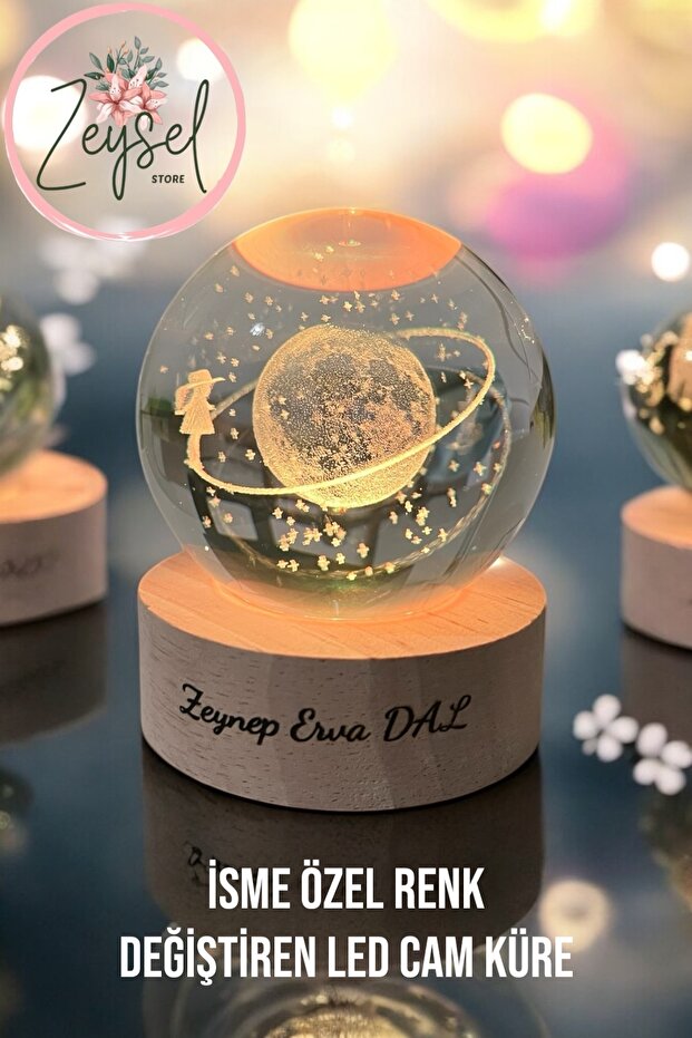 Zeysel store İsme Özel Satürnlü Kız Cam Küre Led Işıklı Renk Değiştiren Kişiye Özel Hediyelik Kristal Top Usb'li