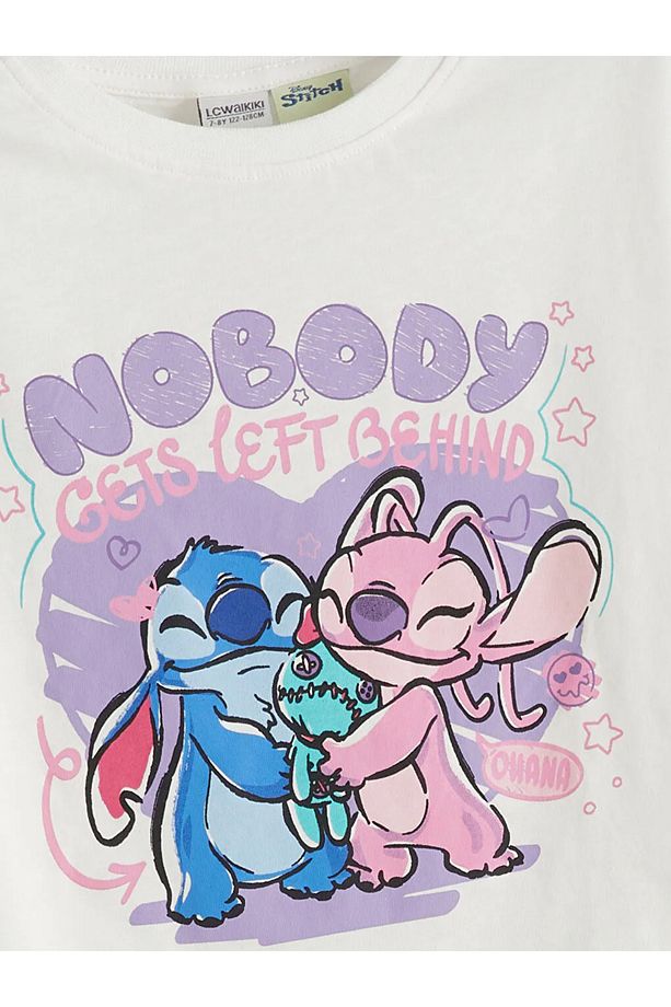 Ekru Bisiklet Yaka Lilo ve Stitch Baskılı Kız Çocuk Tişört ve Eşofman Altı - 3