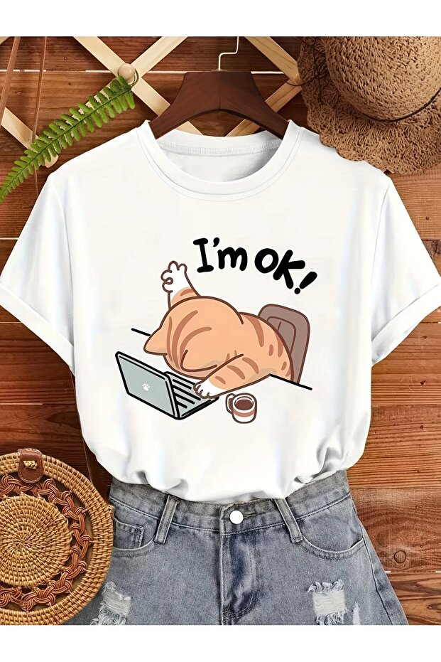تي شيرت I'm Ok Cat - أبيض مطبوع كبير الحجم بياقة دائرية وأكمام قصيرة فضفاضة