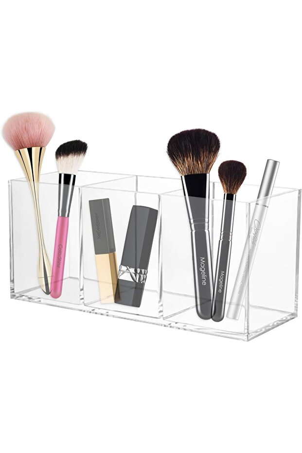 Makeup Brush Holder, Acrylic Organizer With 3 Compartments For Brushes, Eyeliner, Lipstick (CLEAR)