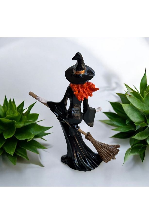 Dekoratif Boyanmış Polyester Süpürge Üzerinde Uçan Cadı Figürü - 10x14x18 cm - 3