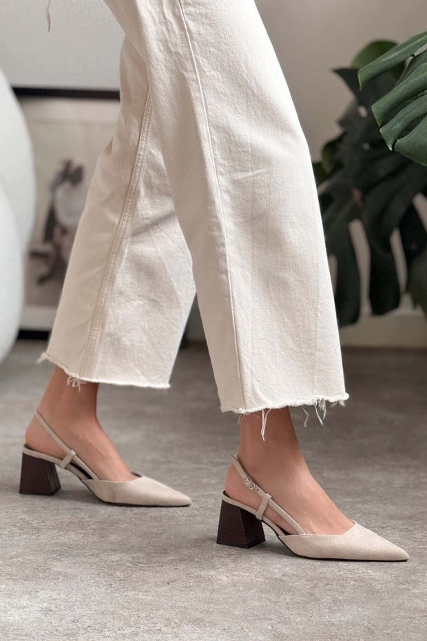 Henna bézs velúr bokacsat részletes női sarkú cipő - 7