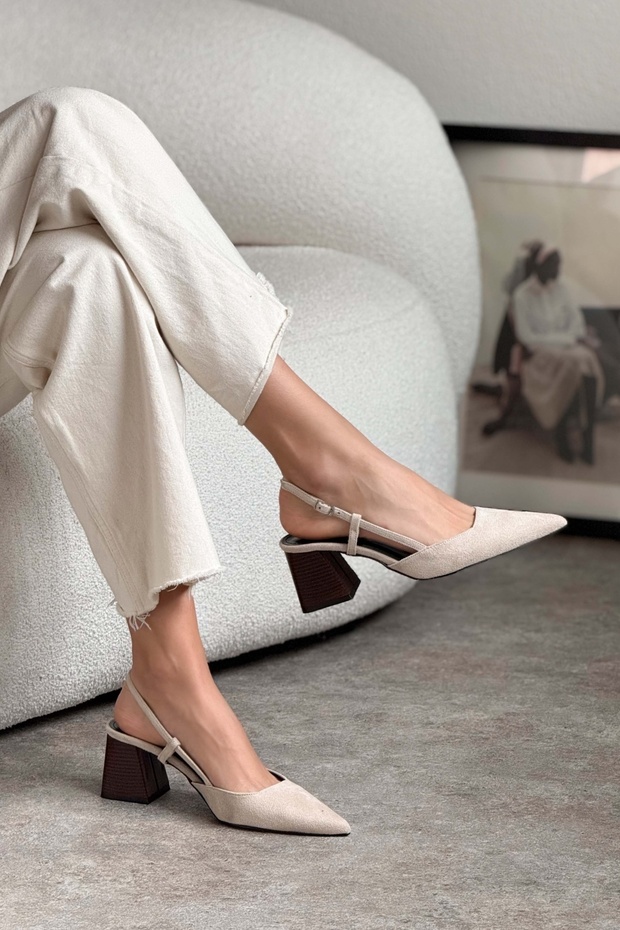 Henna bézs velúr bokacsat részletes női sarkú cipő - 2