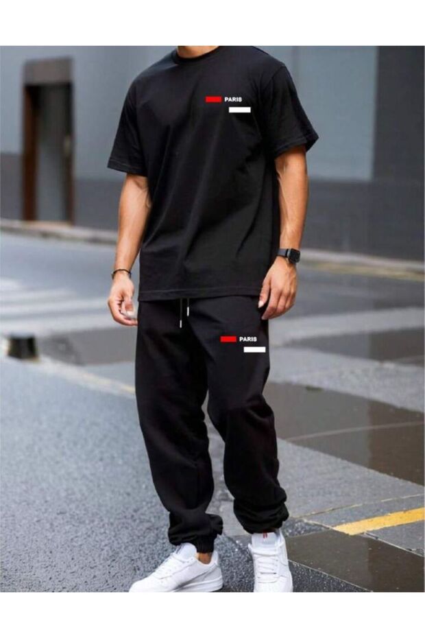 تي شيرت باريس مخطط بنطال رياضي Jogger - تي شيرت من القطن الممشط مطبوع باللون الأسود طقم بدلة رياضية