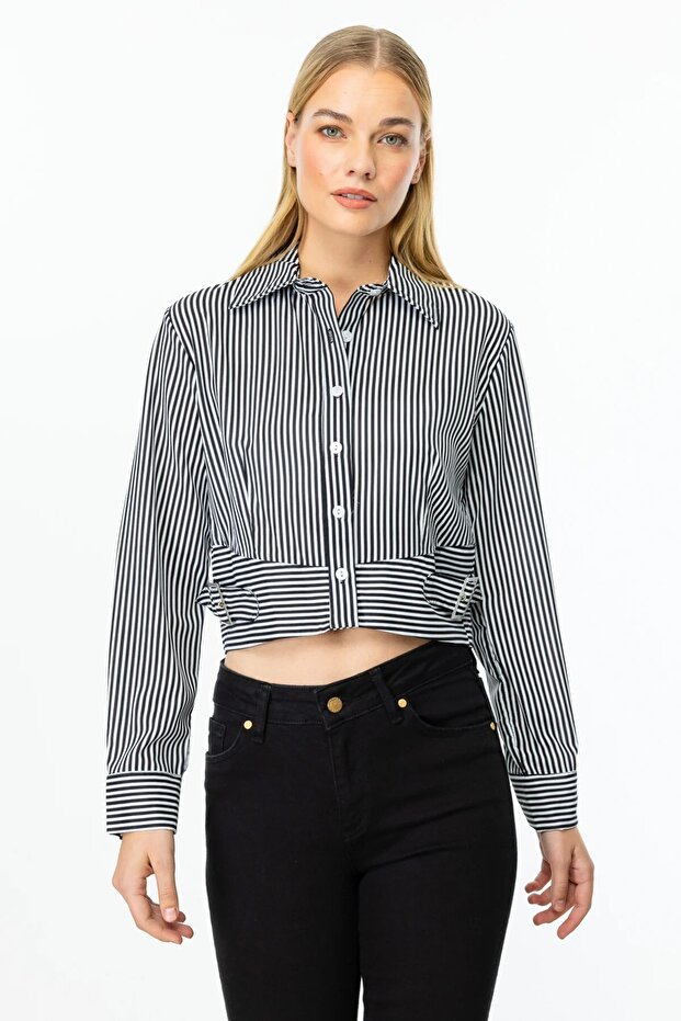 Striped Crop Shirt with Belt Buckle on the Sides 56330-25