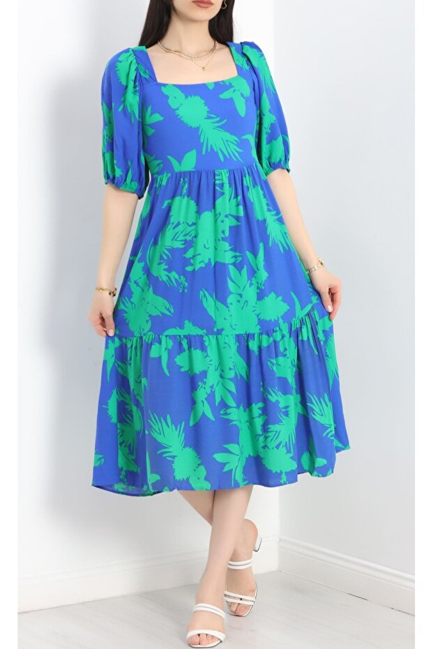 فستان منقوش بياقة مربعة - 5