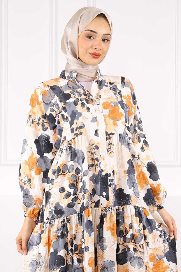 فستان منقوش بنصف زر - 4