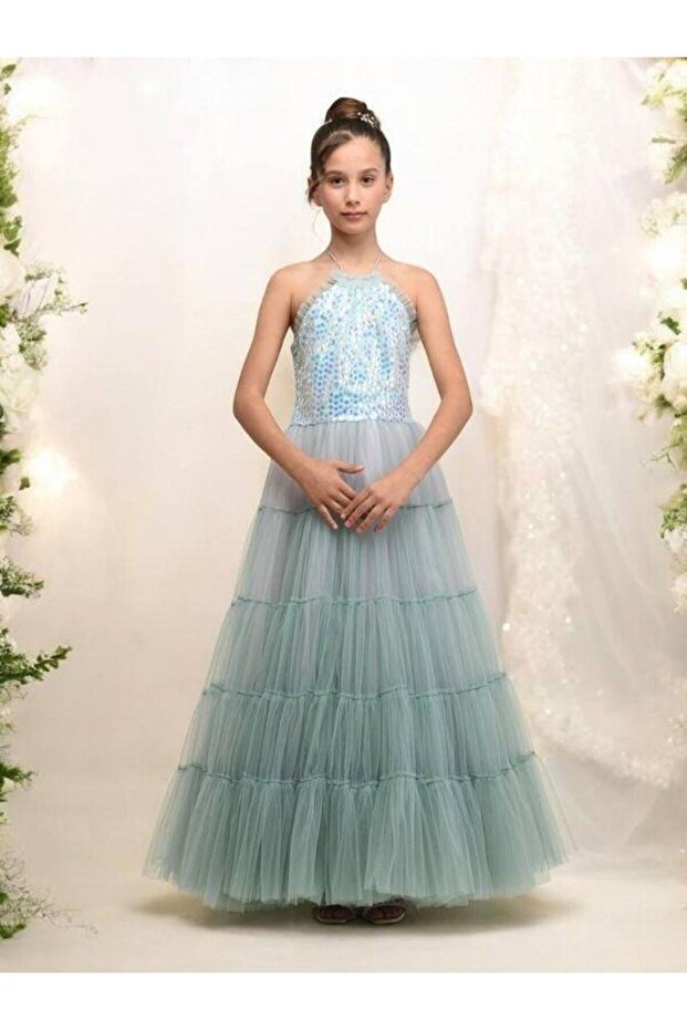 Girls' Sparkly Sequin Top and Elegant Tulle Layered Mermaid Evening Dress