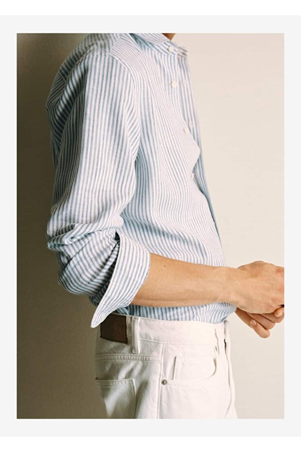 Regular fit çizgili keten gömlek - 8