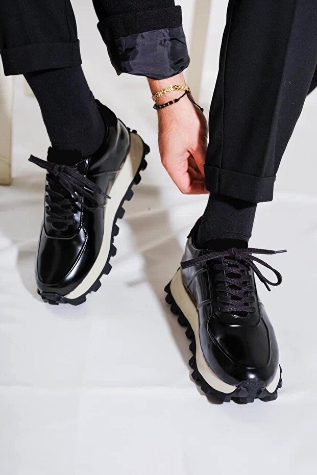 - Black Genuine Leather Lace-Up Men's Sneaker 115-K556