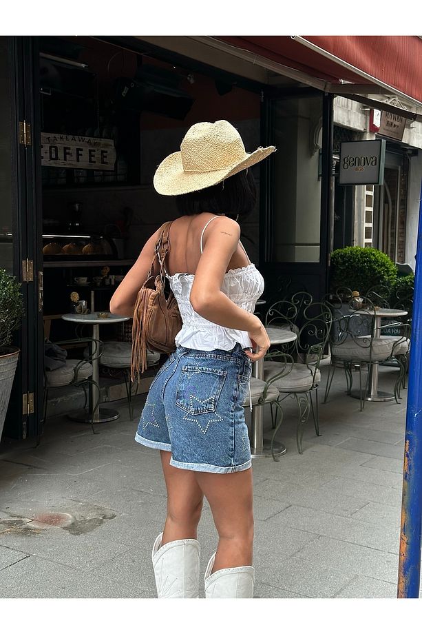 Kadın Mavi Yıldız Taşlı Yüksek Bel Mini Şort - 4