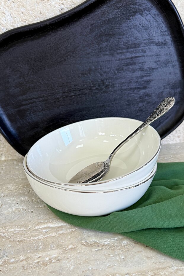 Modern Silver 19 cm Set of 2 Deep Premium Porcelain Bowl Salad Bowl Presentation Set