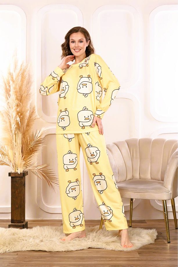 Civciv Desenli Bisiklet Yaka Uzun Kol Kadın Pijama Takımı Civcivli New Check Supersoft - 5