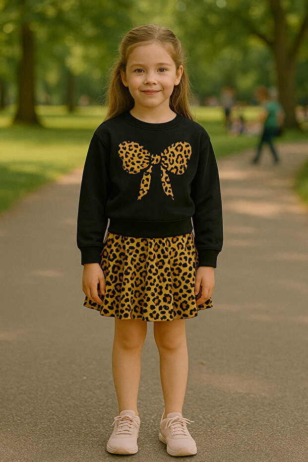 Leopard Print Girls' Set with Bow - Stylish and Comfortable I for Casual and Special Occasions