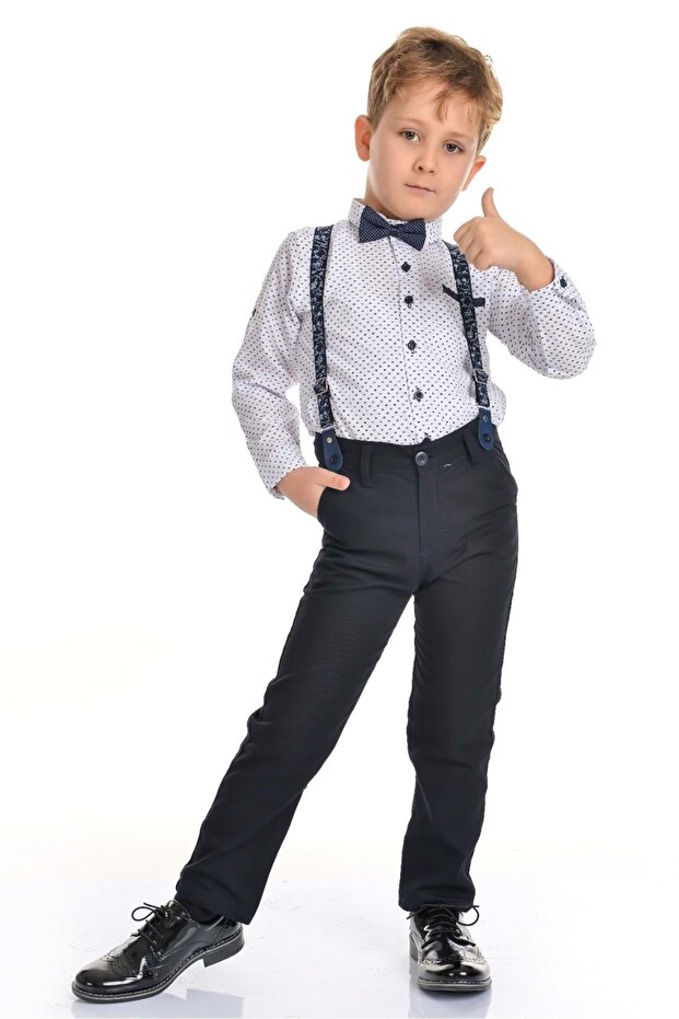 Boy's Suspender Bow Tie Shirt Suit Sb303 Dark Blue