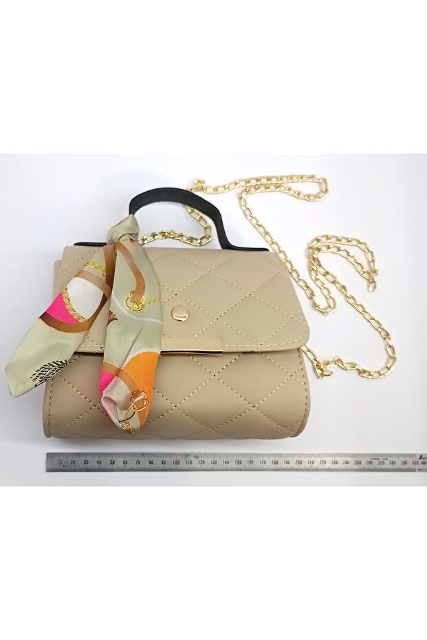 Cream Color Scarf Detail Chain Strap Bag