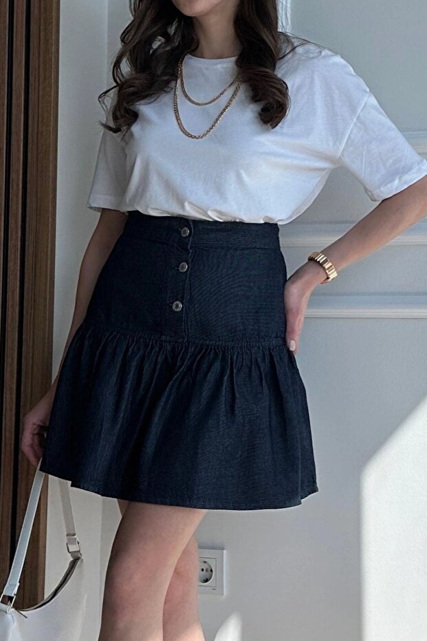 Women Mini Length Button Detail Denim Skirt 4S006