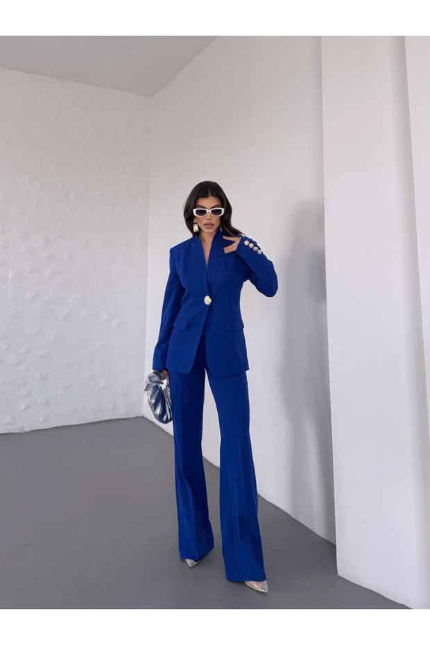 بدلة بليزر مزدوجة بزر واحد باللون الذهبي - 6