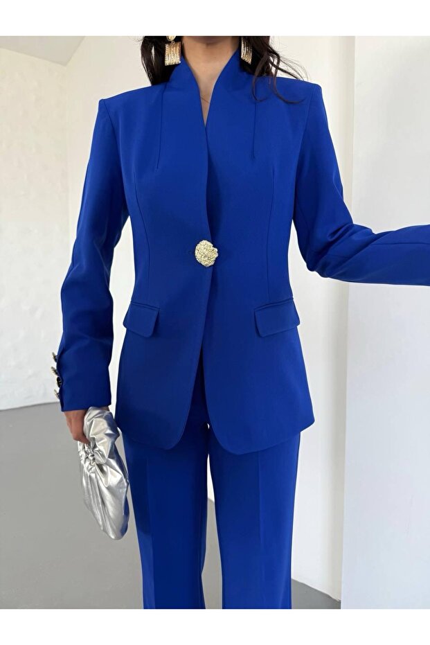 بدلة بليزر مزدوجة بزر واحد باللون الذهبي - 8