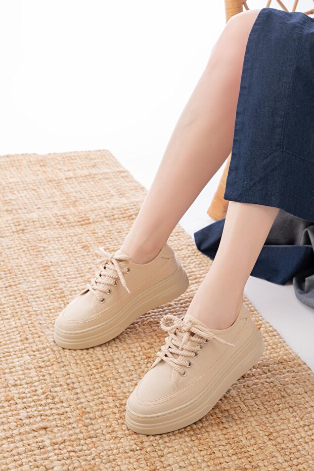 Mıla Sneaker Yüksek Bağcıklı Bez Canvas Orijinal Keten Spor Ayakkabı Kotnel - 5