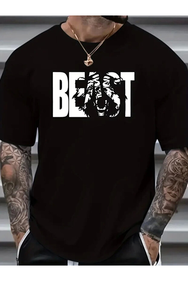 Printed Oversize Crew Neck T-Shirt - Black