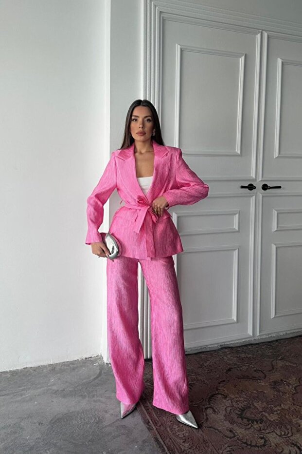 Pink Belted Waist Jacket and Trousers Shiny Set