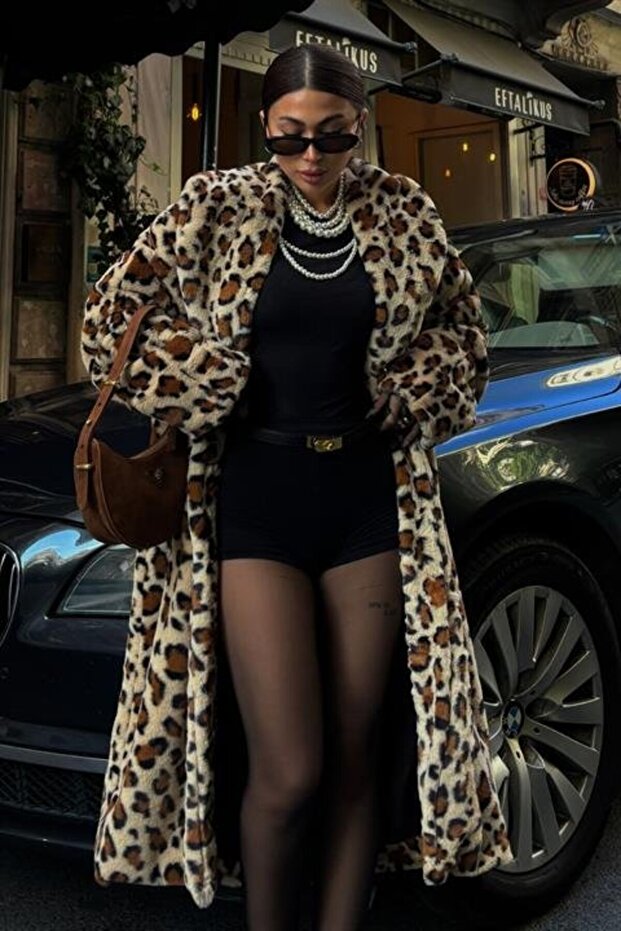 Palton de pluș căptușit cu model leopard 7065 - 4