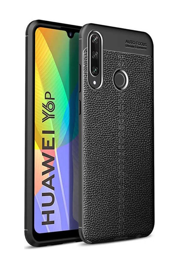 حافظة Huawei Y6P جلدية منقوشة بنقوش جلدية فاخرة من نيس سيليكون أسود + واقي شاشة كامل