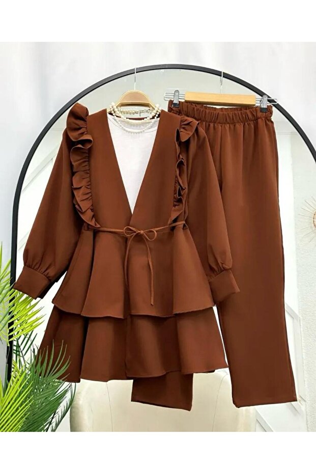 Women's Ruffled Shoulder Double Set