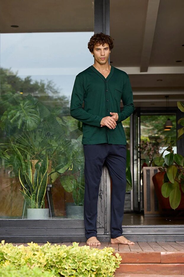 Kly 9134 Men's 100% Cotton Button-Down Long Sleeve Oversize Oversize Pajama Suit